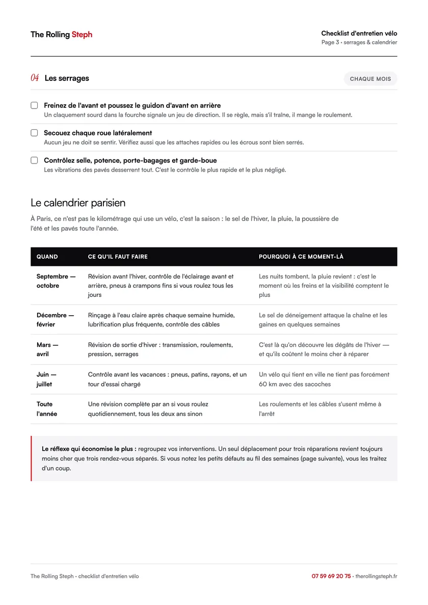 Serrages & calendrier parisien — Page 3 de la checklist d'entretien vélo The Rolling Steph