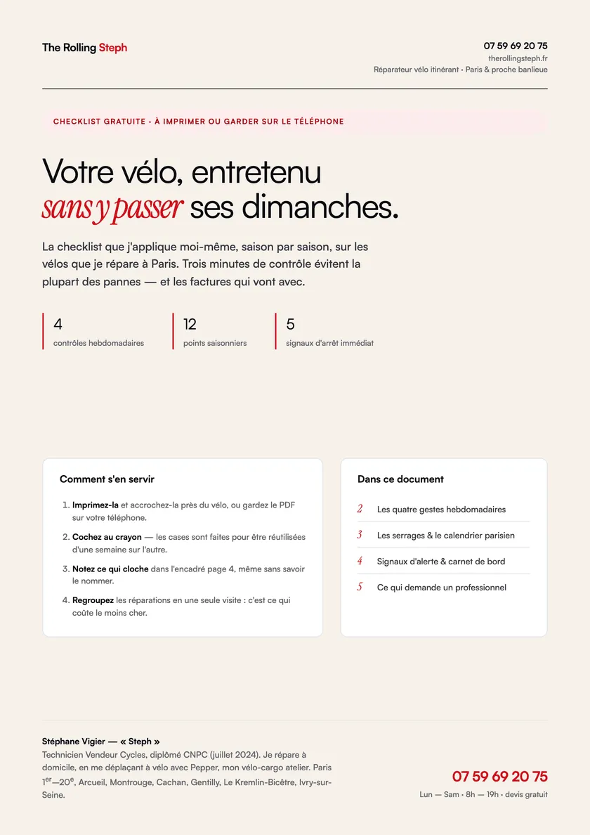 Couverture de la checklist d'entretien vélo de The Rolling Steph, document PDF de 5 pages