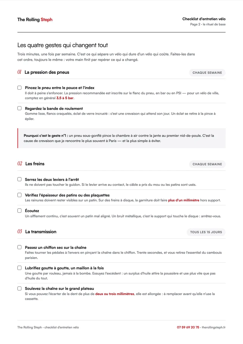 Les quatre gestes hebdomadaires — Page 2 de la checklist d'entretien vélo The Rolling Steph