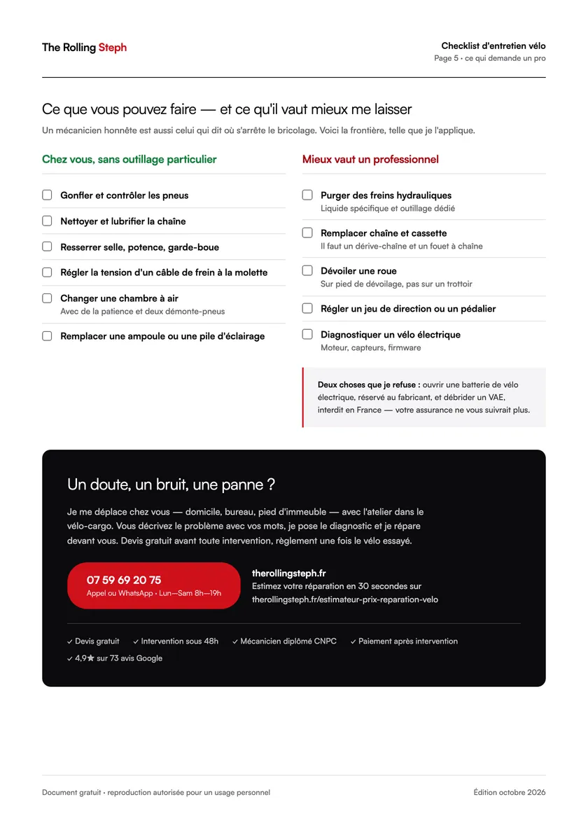 Ce qui demande un professionnel — Page 5 de la checklist d'entretien vélo The Rolling Steph