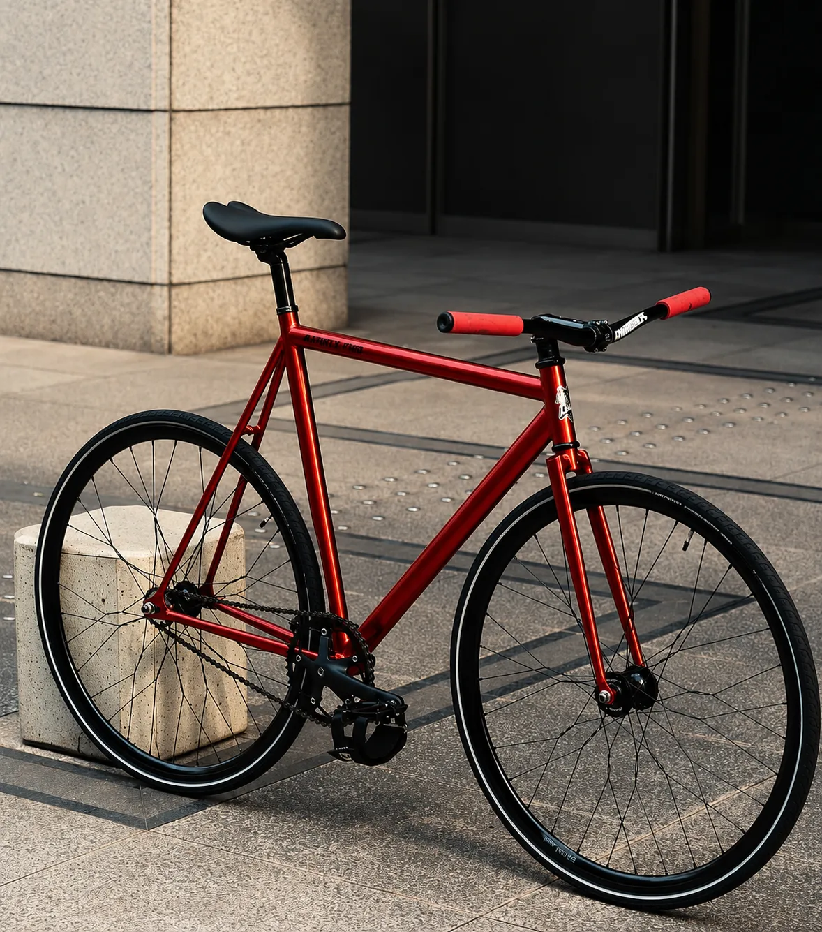 Vélo urbain rouge équipé pour rouler dans les rues de Paris - The Rolling Steph