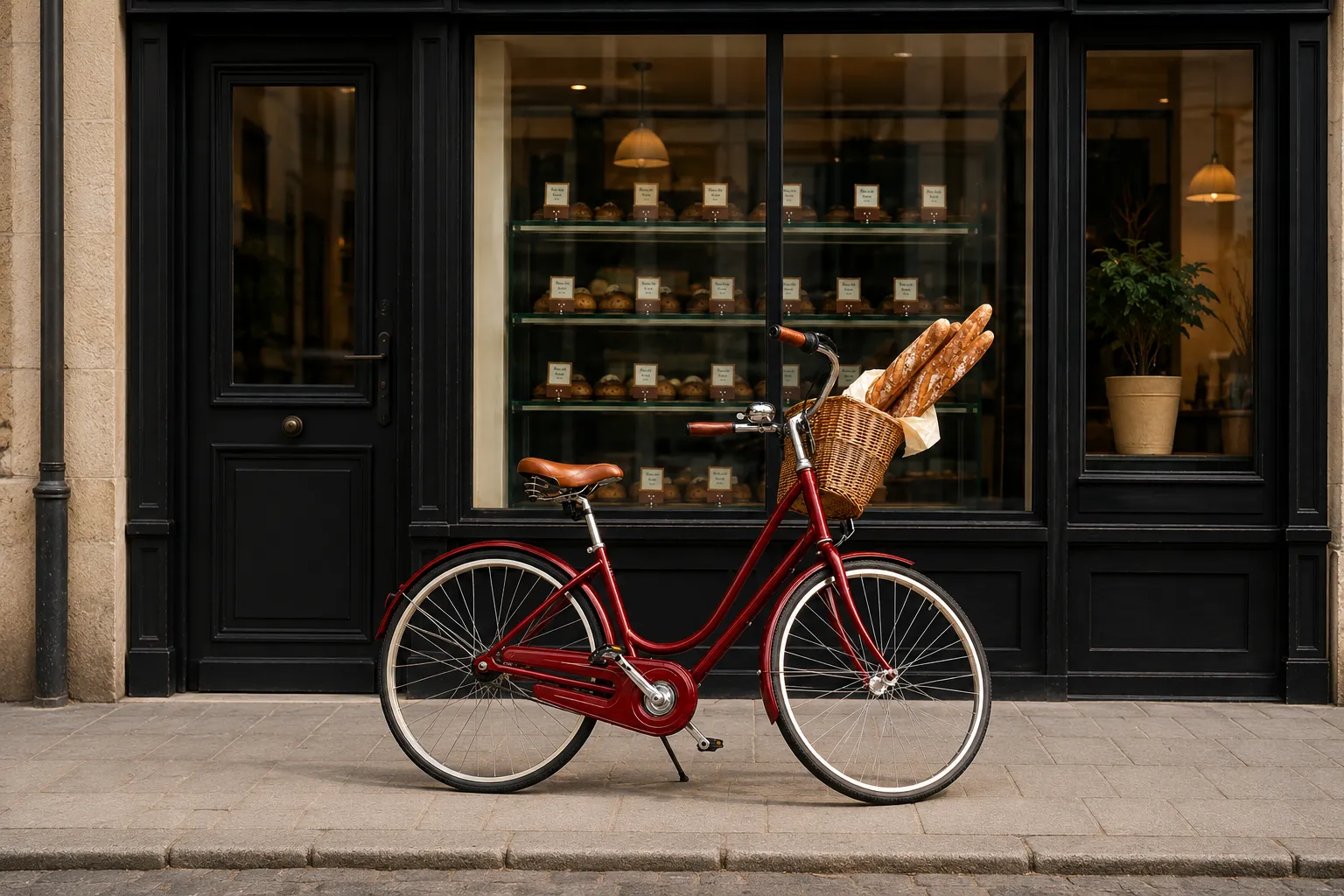 Vélo de ville rouge garé devant une boulangerie, prêt pour les trajets d'hiver à Paris - The Rolling Steph